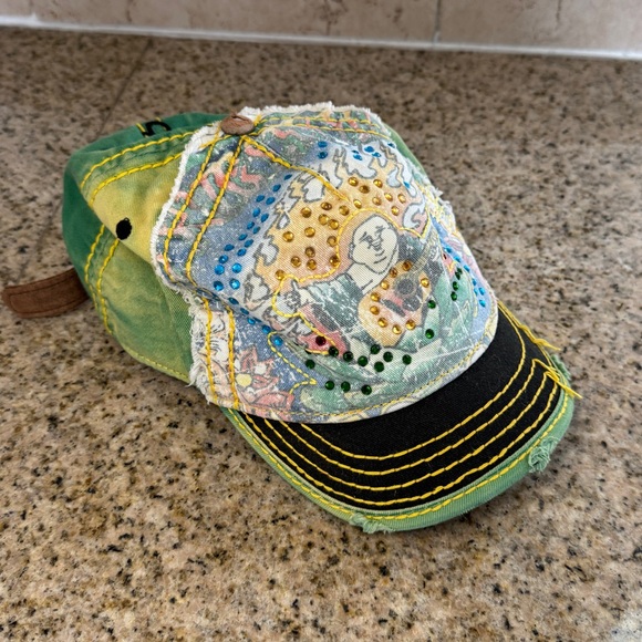 Vintage True Religion Buddha Crystal Blue Green Hat Brand Jeans Distressed Y2K - Picture 1 of 9